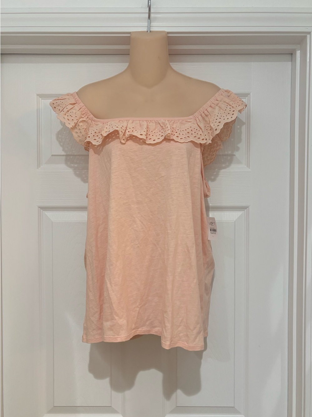 LOFT Off-Shoulder Eyelet Ruffle coral top size large
